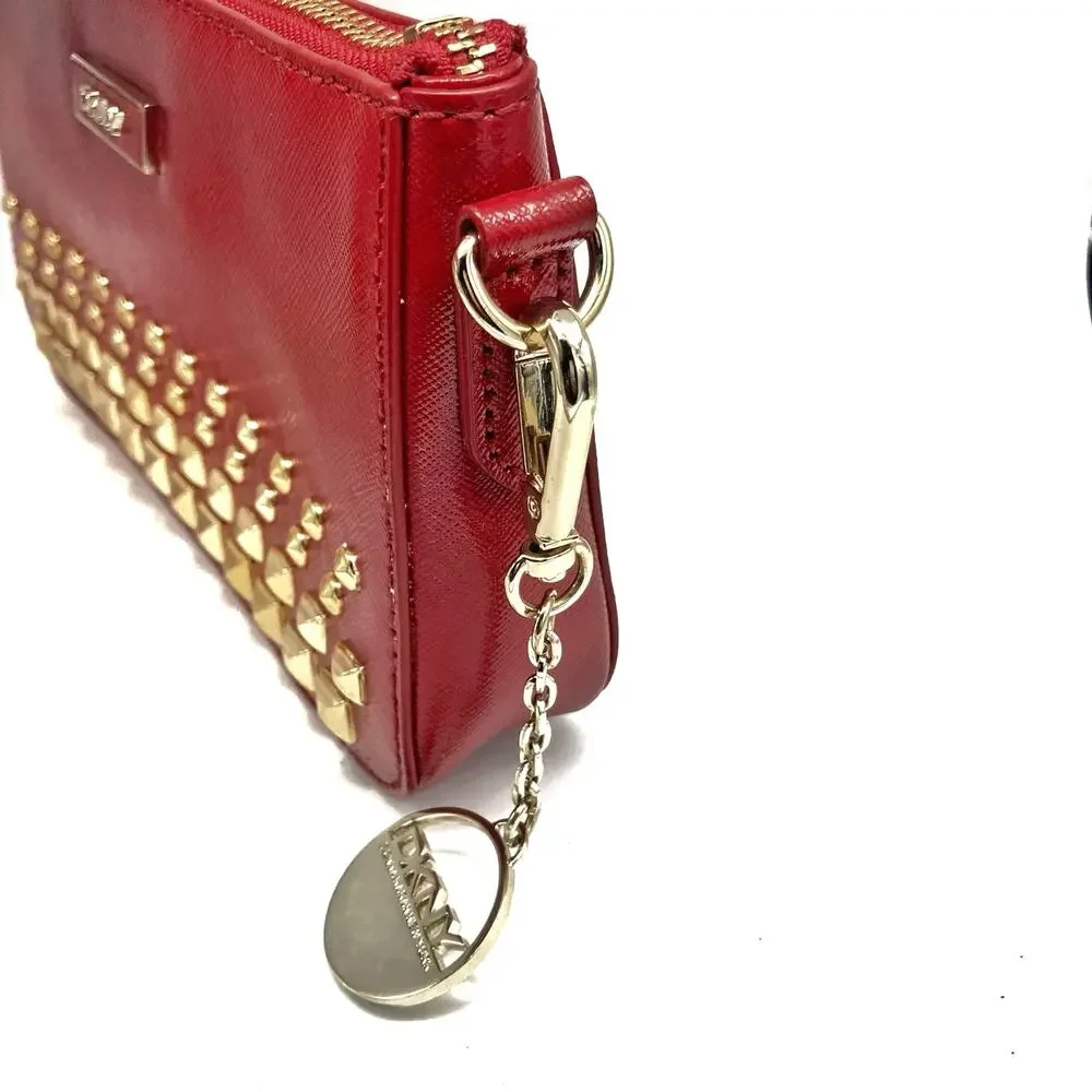 DKNY Red Saffiano Leather Studded Crossbody Clutch, Gold Hardware & Charm NWOT